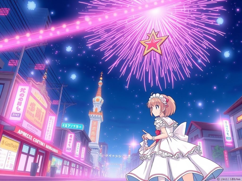 Japanese magical girl manga cover with pink city lights