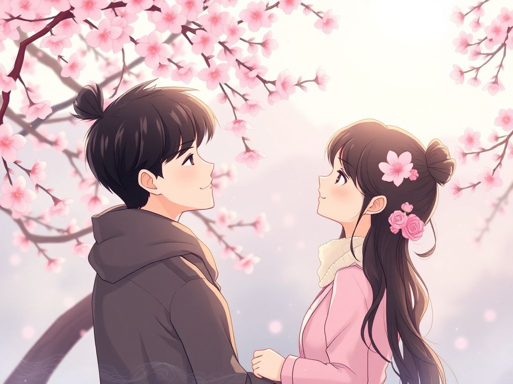 Korean webtoon romantic couple beneath cherry blossoms