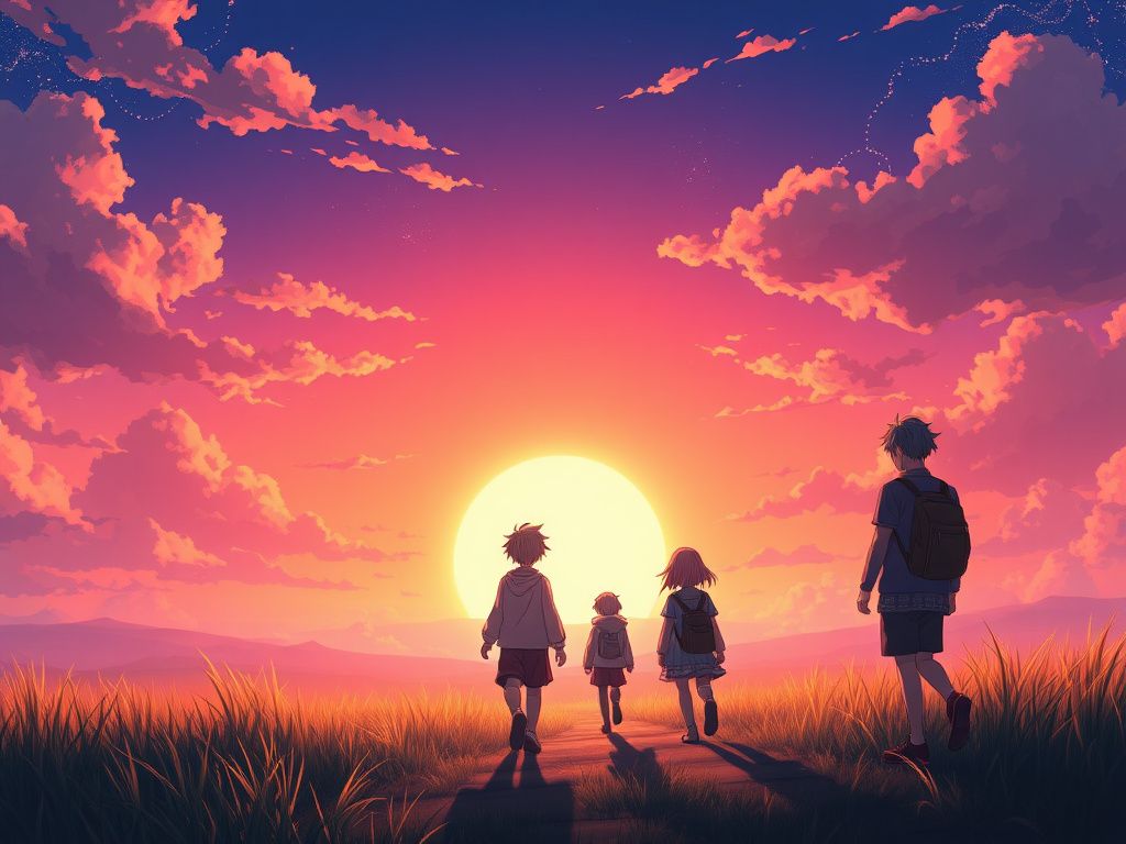 Anime characters walking toward a glowing horizon