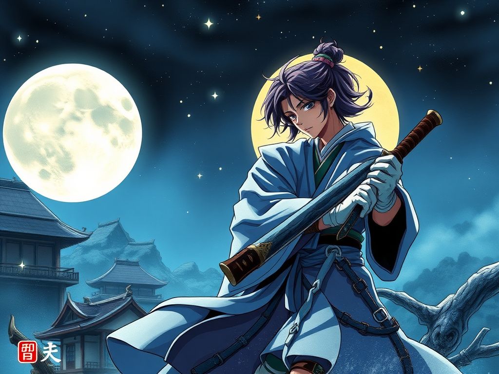 Japanese fantasy manga cover with a swordsman and moonlight