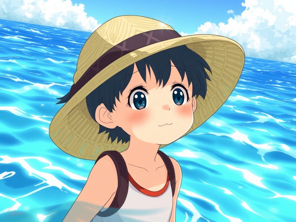 Japanese animation boy with a straw hat on the sea