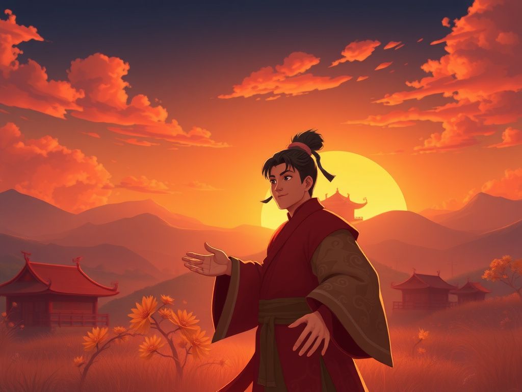 Chinese animation hero in a warm sunset landscape